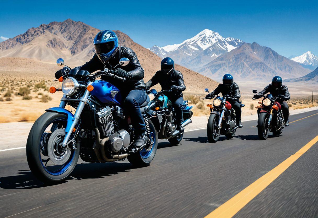 A dynamic scene featuring a collection of roaring motorcycles on an open road, showcasing various engine layouts and performance parts gleaming in the sunlight. Include biker silhouettes in action poses to emphasize the thrill of speed and power. Enhance the atmosphere with a backdrop of mountains and a clear blue sky, capturing the essence of freedom. vibrant colors. super-realistic.