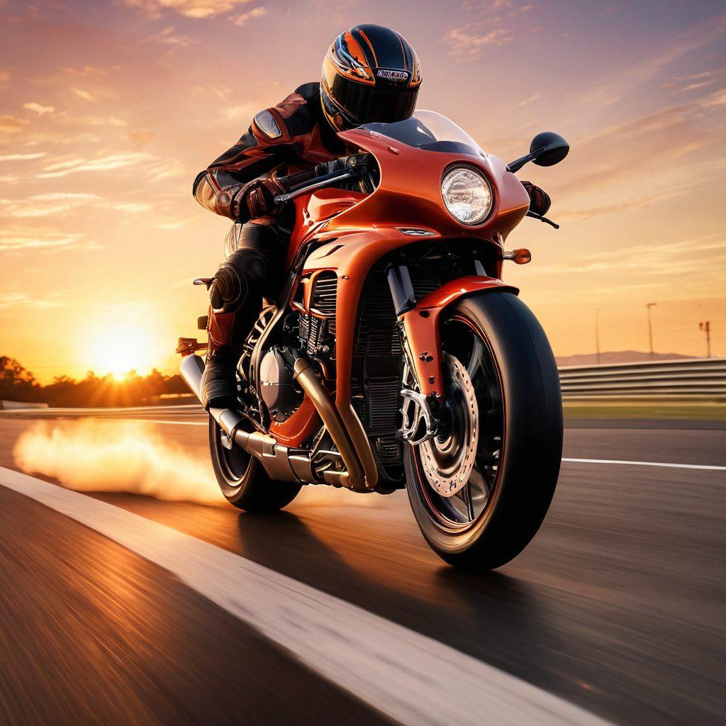 A dynamic scene of a speedster motorcycle revving up on a racing track, with detailed engine components visible, showcasing high-performance modifications like exhaust systems and turbochargers. Include a racetrack setting with blurred motion effects to convey speed, and a sunset backdrop to highlight the thrill of riding. The rider is clad in sleek racing gear, exuding excitement and mastery of the machine. vibrant colors. super-realistic.