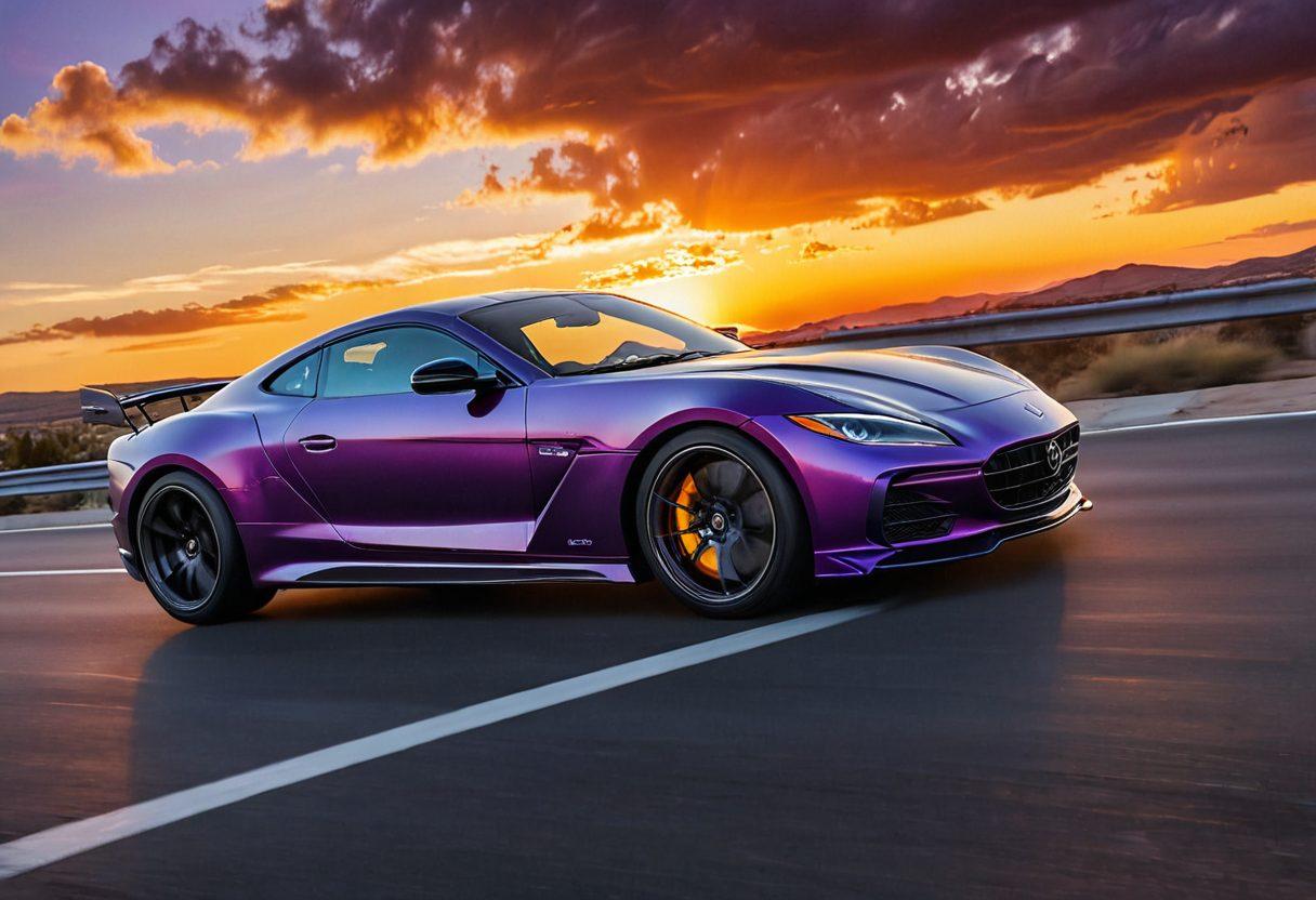 A dynamic scene featuring a modern high-performance car racing on a winding road, exhaust pipes glowing as loud sound waves ripple through the air. Include vibrant engine components visible under the hood, with a backdrop of a sunset sky emphasizing speed and innovation. Add abstract sound waves emanating from the exhaust, symbolizing the connection between sound and speed. super-realistic. vibrant colors. sunset background.